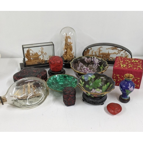 416 - An oriental lot to include three Chinese cork Diorama, a Cinnabar box, together with Cinnabar trinke... 