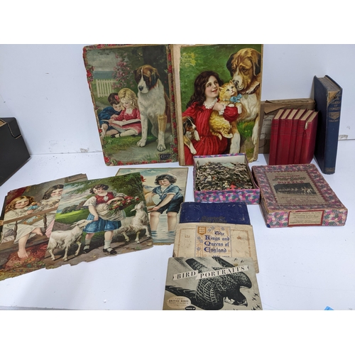 417 - A mixed lot to include various chromo lithographs, cigarette cards mounted in albums, a Photochrom i... 