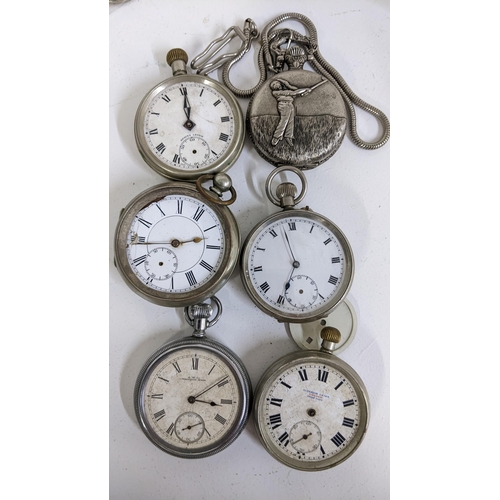 423 - Six mixed pocket watches to include an early 20th century open faced, keyless wind, Waltham watch, L... 