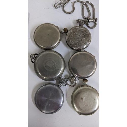 423 - Six mixed pocket watches to include an early 20th century open faced, keyless wind, Waltham watch, L... 