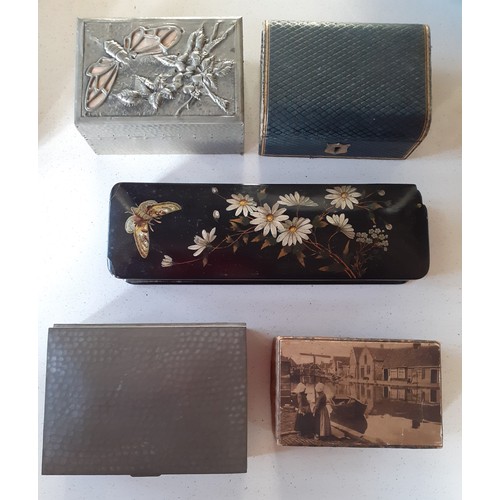 95 - Five early 20th Century decorative jewellery and other boxes to include 2 hammered pewter examples a... 