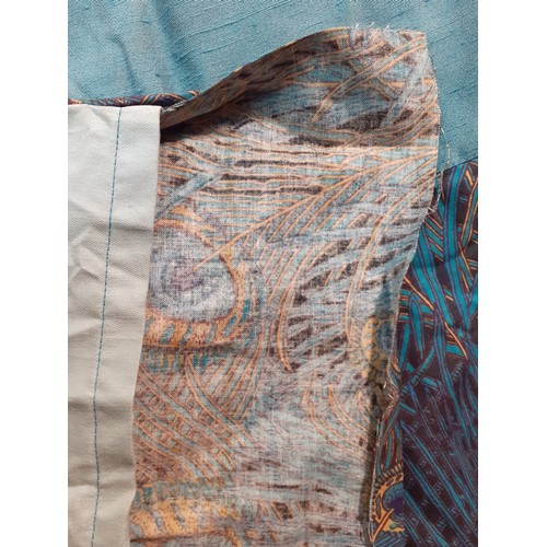 135 - Liberty-A pair of teal curtains having a panel to the hem of Liberty turquoise and blue 'Hera Feathe... 