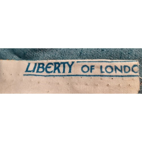 135 - Liberty-A pair of teal curtains having a panel to the hem of Liberty turquoise and blue 'Hera Feathe... 