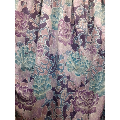 136 - Two pairs of purple print curtains having a gathered heading, one pair each curtain measuring 36