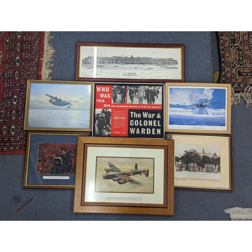 65 - RAF related items to include a group of framed pictures of Aircraft to include Lancaster Bomber, Sun... 