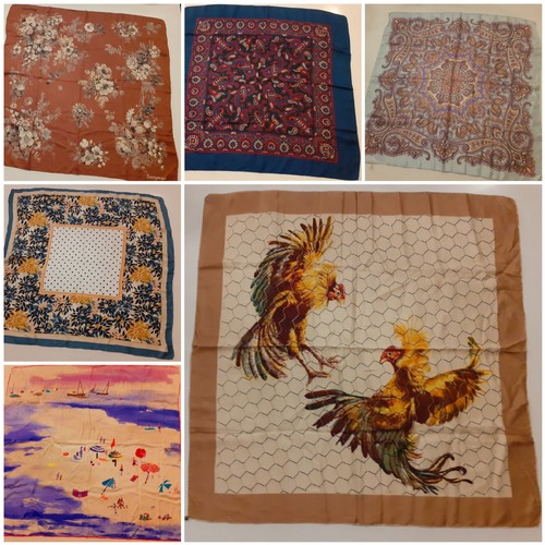 143 - A group of vintage silk and satin scarves to include a Luigi Labella fighting cockerel scarf with be... 