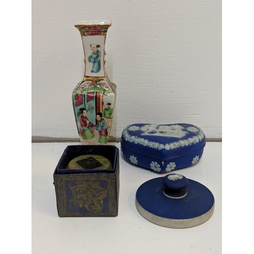 131 - Chinese, Japanese, European ceramics to include a Canton vase and ginger jar, a silver lidded Wedgwo... 