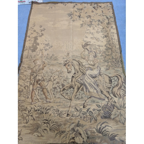 140 - Two tapestry wall hangings, one depicting two males, one with a dog and the other on a horseback and... 