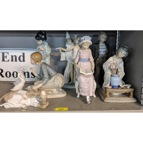 Seven Lladro figures to include Oriental style examples, a girl