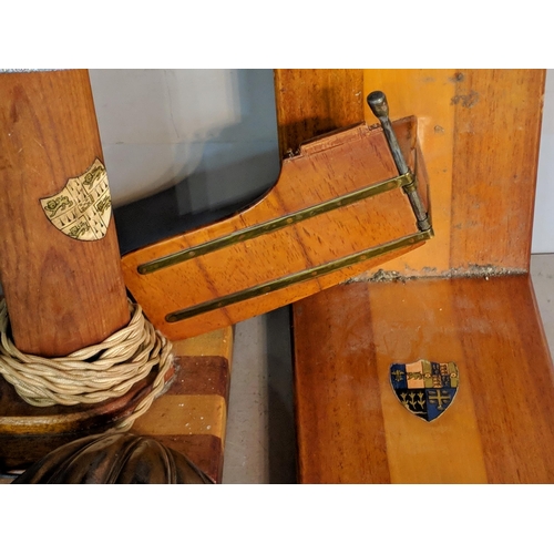 151 - Rowing related items, a lamp from an oar and a bookend from a rudder together with two metal nut sha... 