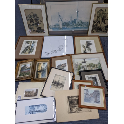 272 - Mixed pictures to include a George Atack watercolour depicting Wellington Arch, Chinese framed silk ... 