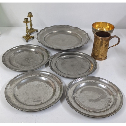 284 - 18th century and later pewter ware, together with a 19th century brass tankard and other items Locat... 