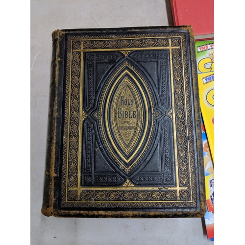 291 - A Victorian bible with illustrations, together with Carry On magazines, and a Watford FC book Locati... 