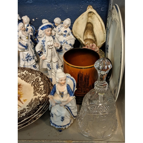 295 - Ceramics and glassware to include mid 20th century porcelain figures, Capodimonte style figures, Vic... 