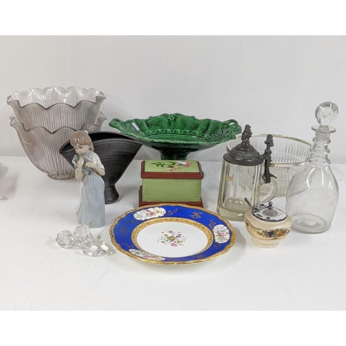 318 - A mixed lot to include a Victorian majolica fruit bowl, a 19th century decanter A/F and other items ... 