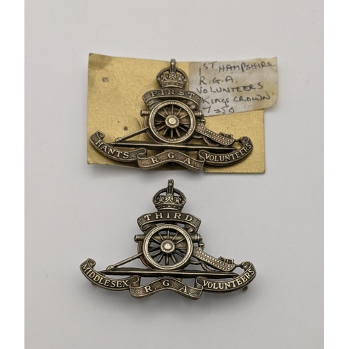 63 - First Hampshire R.G.A Volunteers officers 1902-08 cap badge, along with third Middlesex R.G.A Volunt... 