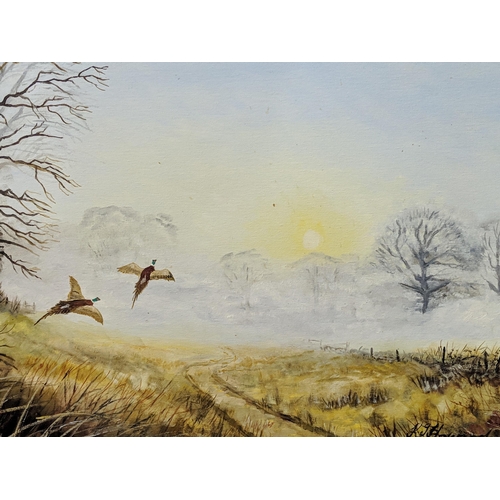 143 - J Howard - oil paintings to include scenes with pheasants or ducks and a composition buddha 
Locatio... 