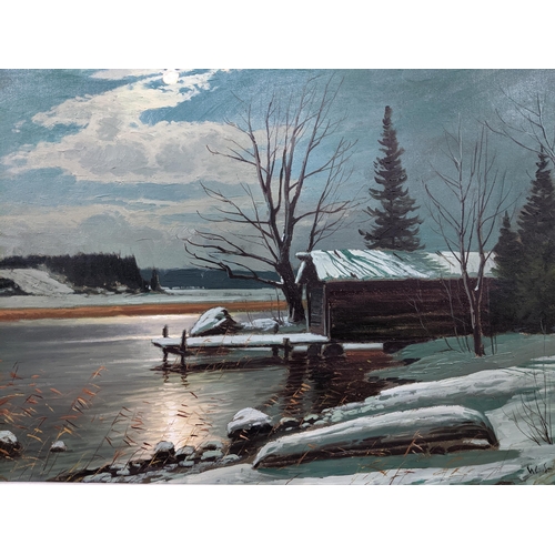 123 - A group of four mid century Finnish river landscape oil paintings to include a river landscape with ... 