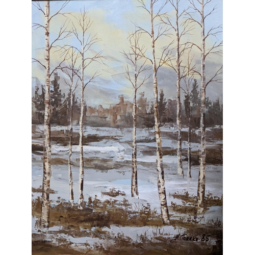 123 - A group of four mid century Finnish river landscape oil paintings to include a river landscape with ... 