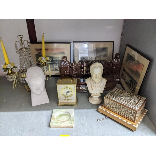 250 - A mixed lot to include three signed mid century prints, on enamel fire surround, candleholder, plast... 