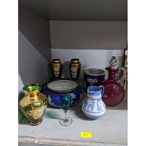 251 - Selection of glass and ceramics to include Wedgwood Jasperware, Victorian Cranberry glass jug, Venet... 