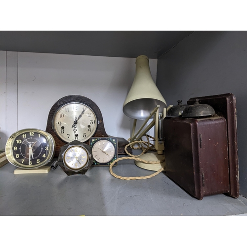 76 - A Herbert Terry cream painted anglepoise lamp, Enfield oak cased clock retailed by James Walker Ltd ... 