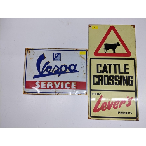 97 - A metal 'For lovers' feeds cattle crossing sign 61x30.5cms a Piaggio Vespa Service 30 x 41cms
Locati... 