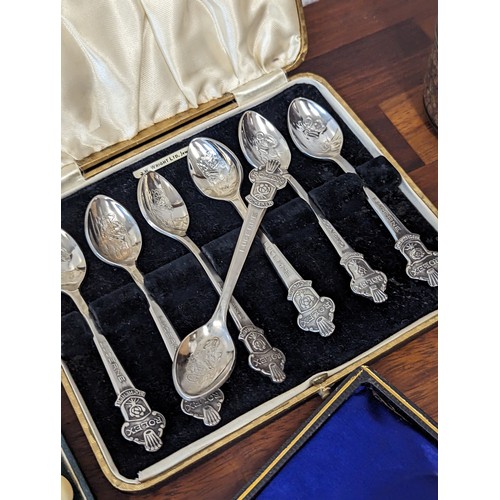 160 - A mixed lot to include a cased set of six and one other Rolex Lucerne spoons, cased set of six silve... 