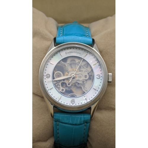 218 - An Earnshaw Isabella Aqua, stainless steel lady's wristwatch, with a skeleton face and a mother of p... 