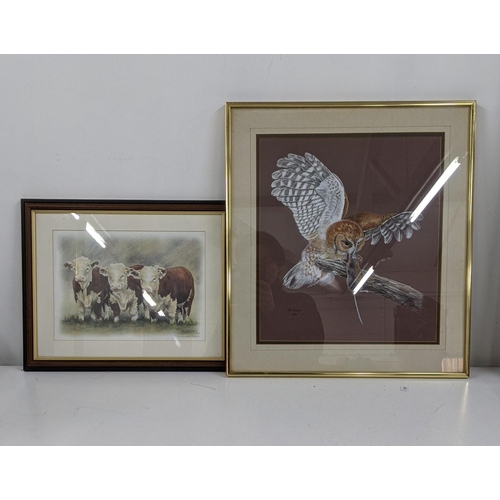 261 - Jill Fowler - a framed and glazed painting depicting an owl catching pray, along with a framed and g... 