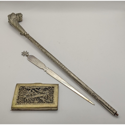 472 - A mixed lot to include a continental silver paper knife, silver plated card case, together with a ch... 