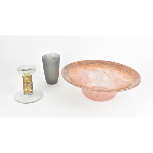 475 - A large post war studio glass UB shaped bowl, in the Monart style in mottled pink with large everted... 