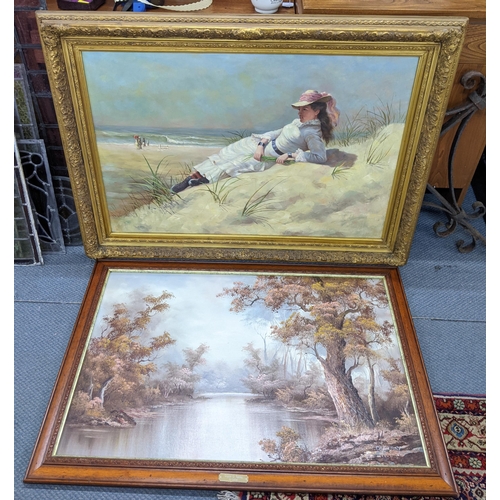 482 - Two oil paintings to include one depicting a lady reclining on a beach, 90cm x 60cm, framed
Location... 