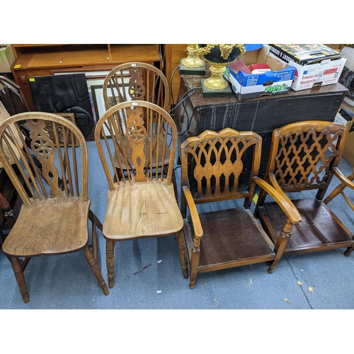 483 - Mixed chairs to include a set of Windsor spindle back chairs and two walnut low  armchairs
Location:... 