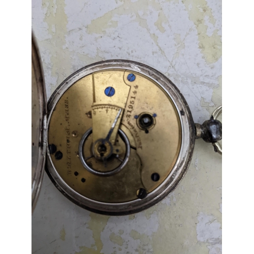 494 - A Waltham key-wound silver cased green faced pocket watch with outside movement marked pab pinion, s... 