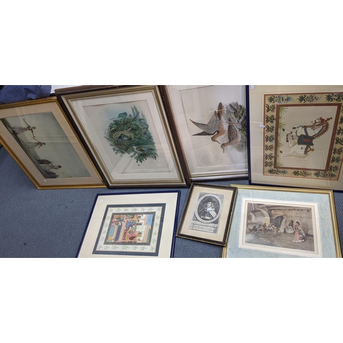 486 - Mixed pictures to include two Russell Flint prints, coloured engravings of birds, and others Locatio... 