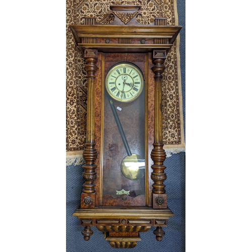 487 - A late Victorian burr walnut veneered Vienna 8-day wall hanging clock, 122cm h Location:A1F