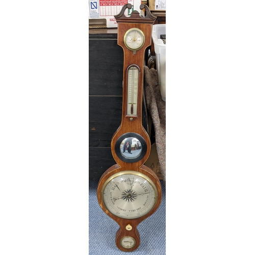 490 - A 19th century mahogany and boxwood inlaid banjo barometer with silvered dial signed J Della Torre, ... 