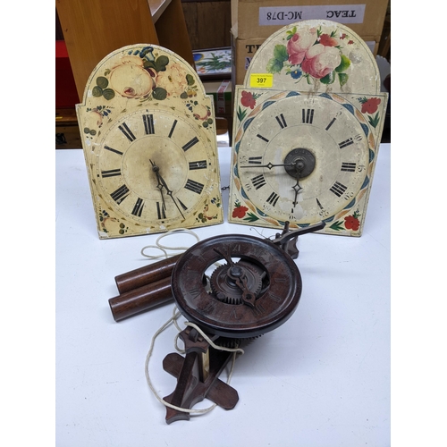 397 - Three 19th century Black Forest wall clock movements, one made entirely of wood, with a twin weight ... 