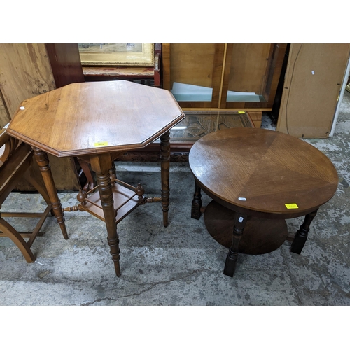 404 - Edwardian mahogany two tier occasional table with octagonal top on turned legs united by a galleried... 