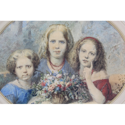 499 - Tito Agujari (1834-1906) - a half length group portrait of three young girls by a basket of flowers ... 