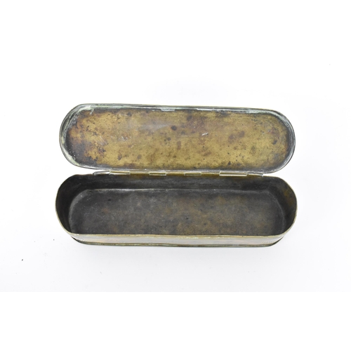 A mid 18th century brass engraved tobacco box, Dutch, circa 1750, of  rounded-rectangular form, the h