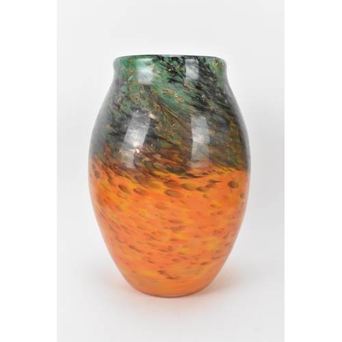 46 - A 1930s Monart Art glass vase in mottled orange and green with gold aventurine, ovoid shape, unsigne... 