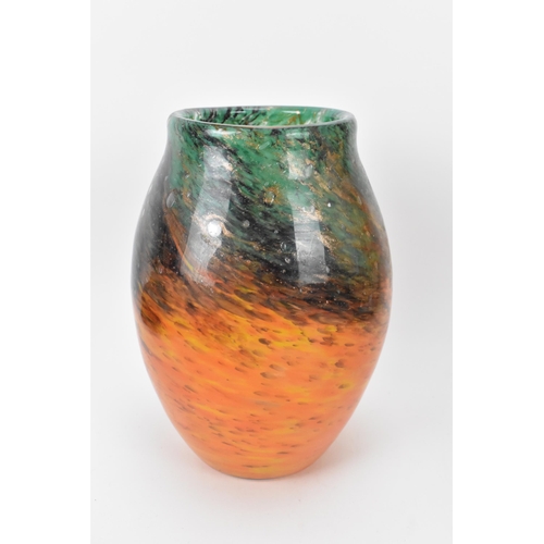 46 - A 1930s Monart Art glass vase in mottled orange and green with gold aventurine, ovoid shape, unsigne... 