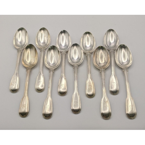 Ten silver fiddle pattern teaspoons hallmarked London 1868, total weight 308g Location: A4F