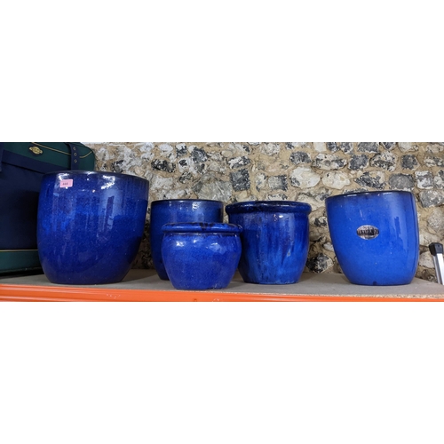 444 - A group of blue glazed pottery garden pots, various sizes and shapes (5), Location: G