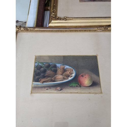 462 - Circa 1900 pair of still life, one signed J Sirudmick depicting grapes, in gilt frames, and others L... 