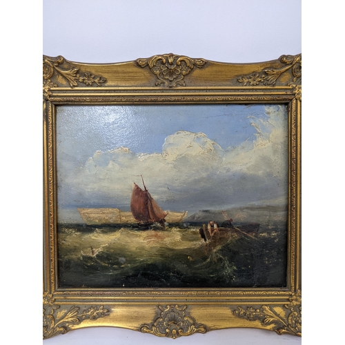 463 - Two oil paintings to include an 18th century oil on board depicting a seascape scene, unsigned 24cm ... 