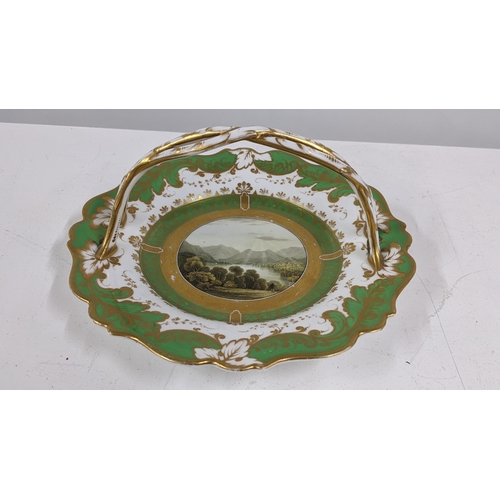 466 - A 19th century hand painted plate decorated with a loch scene and a handle, Location:2.1