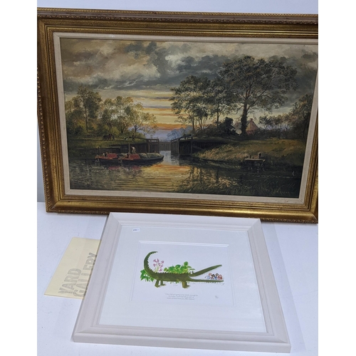 475 - A Roald Dahl collectors edition print and R Kilner - a river scene oil on canvas, signed Location:ST... 